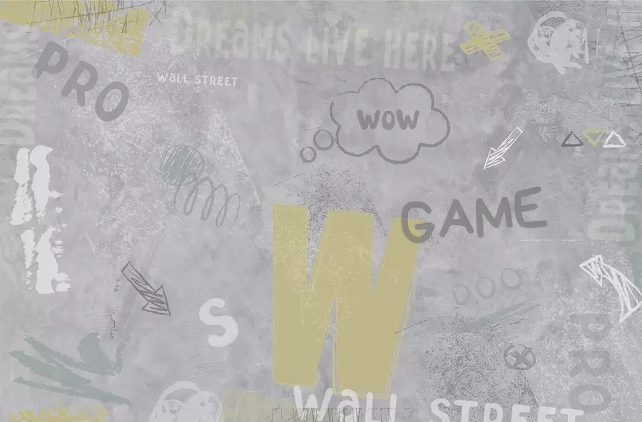 murales de pared Diseño en estilo street art con inscripciones en color amarillo sobre fondo de muro de hormigón w04056