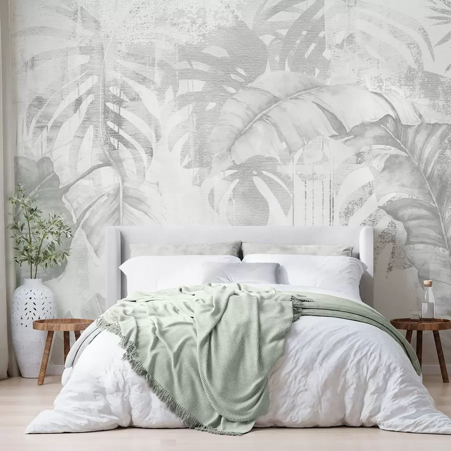 murales de pared Hojas tropicales en estilo grunge, tonos monocromos w03956v1