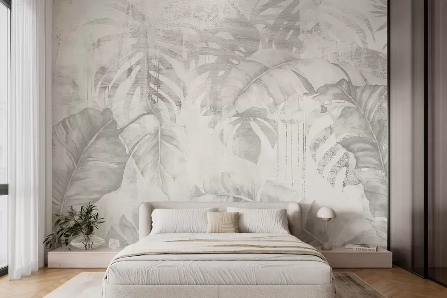 murales de pared Hojas tropicales en estilo grunge, tonos monocromos w03956v1