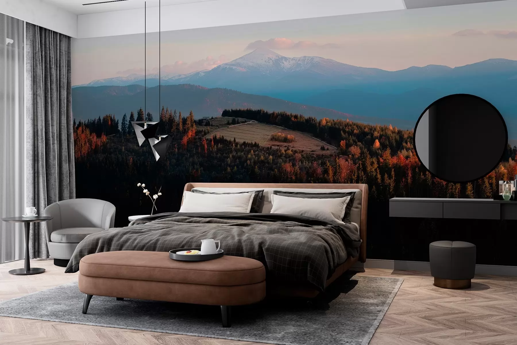 murales de pared Montañas de los Cárpatos, textura al óleo, bosque otoñal, cielo al atardecer w04098