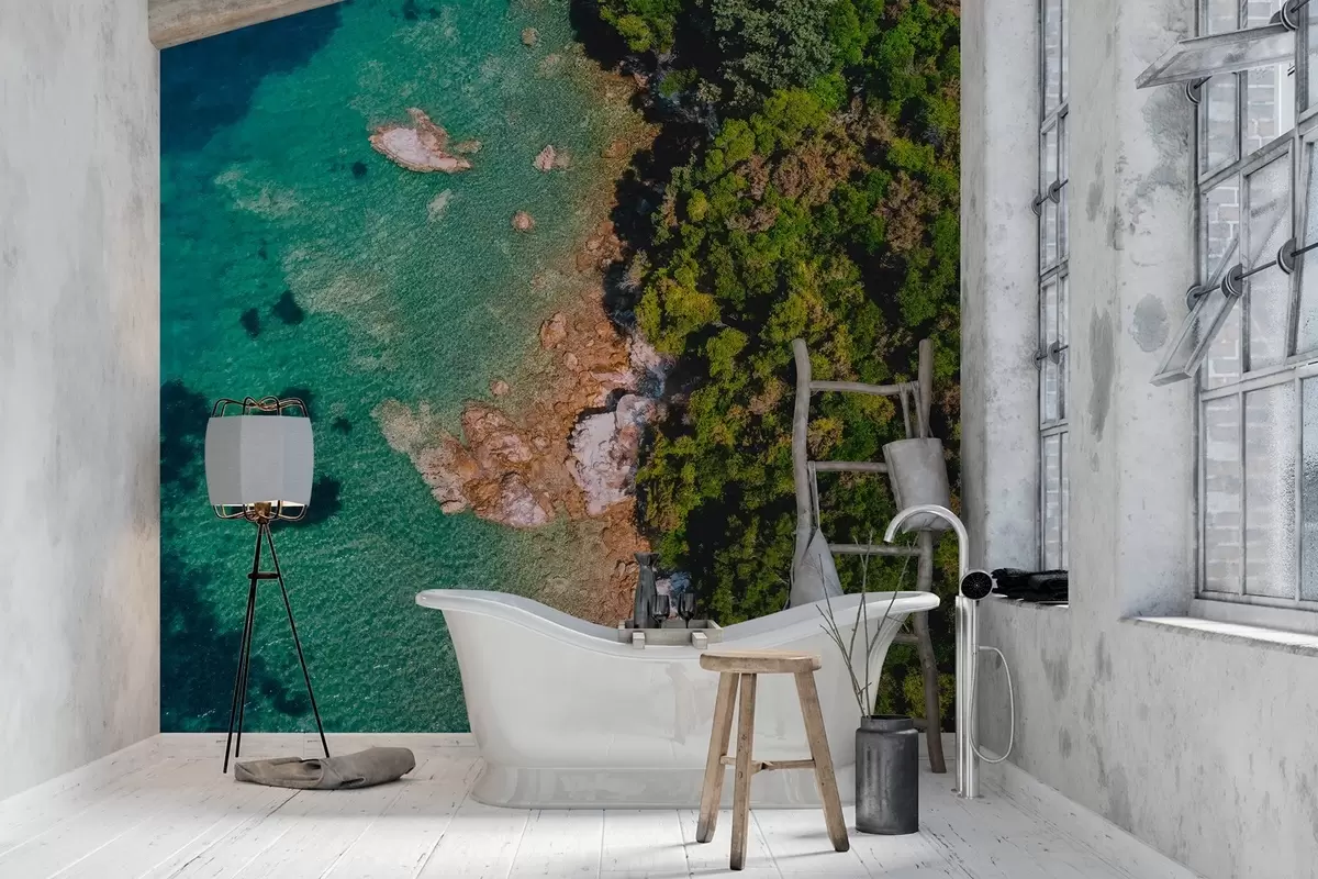 murales de pared Costa de España con agua marina, bosque de pinos, fotografía aérea w04099