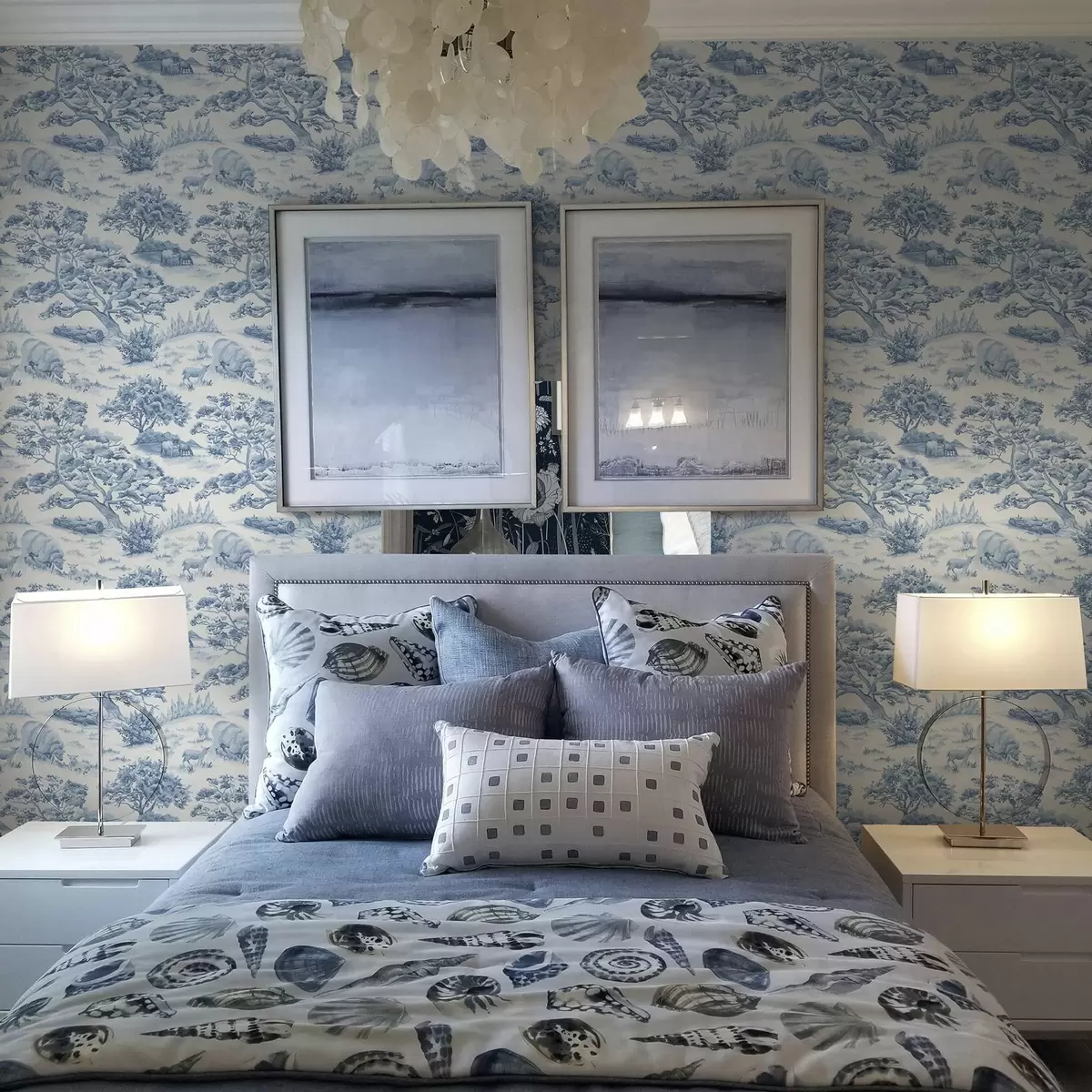 Papel pintado Paisaje rural en tonos azules con ovejas y árboles a00178