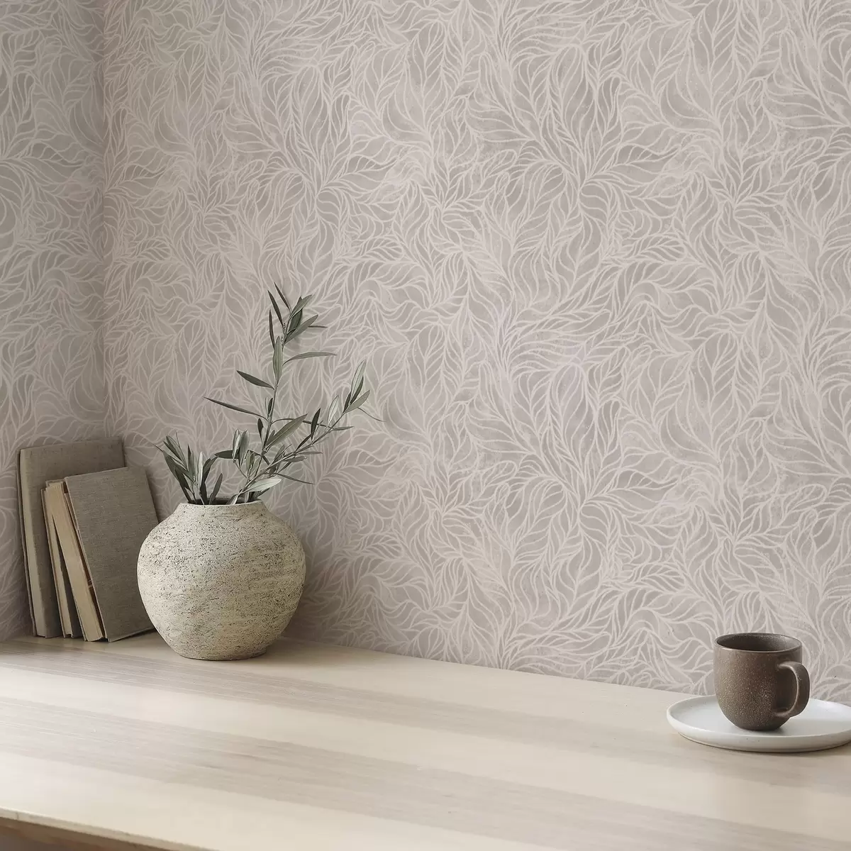 Papel pintado Textura abstracta beige con suaves líneas de hojas a00179