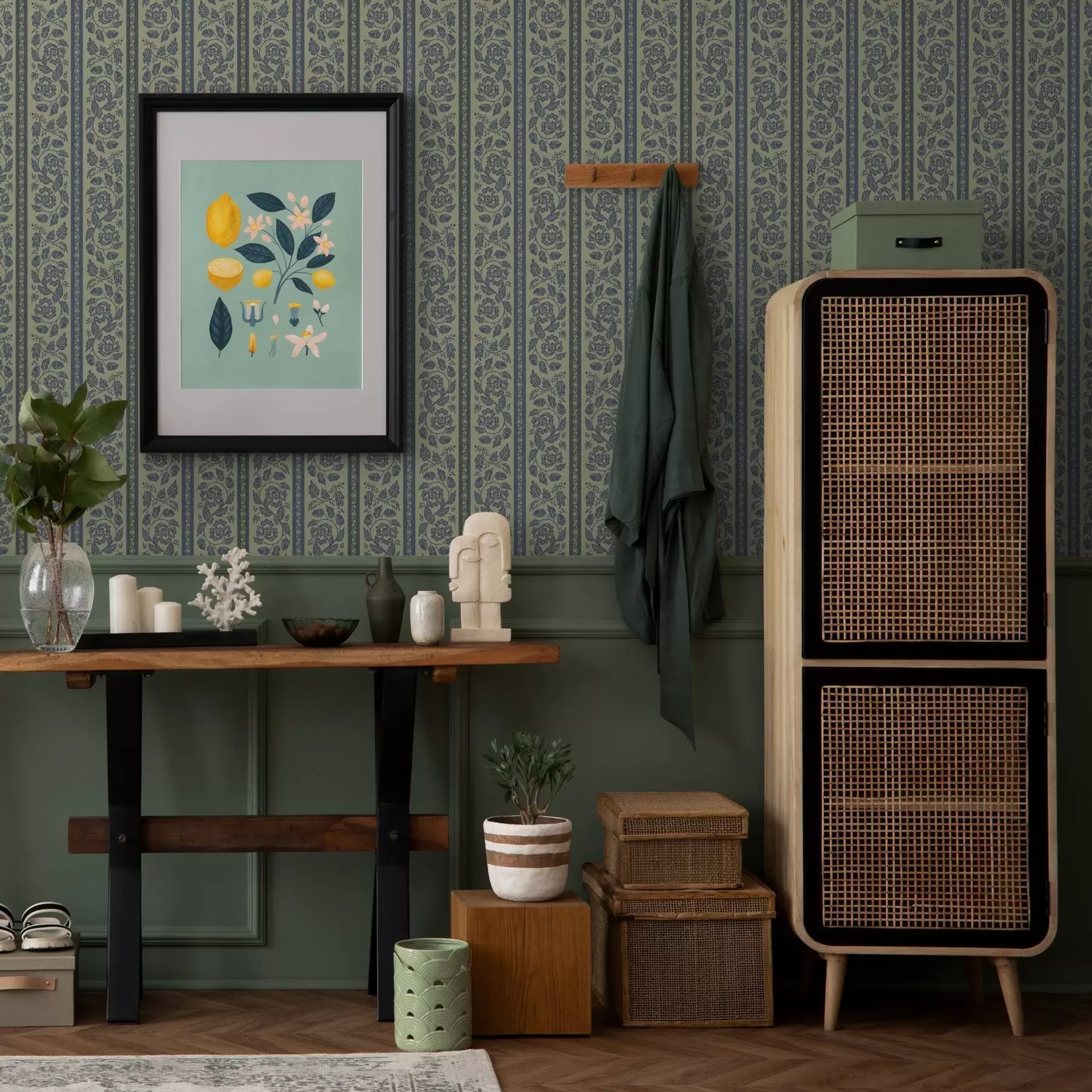 murales de pared Adorno vintage azul con flores y bellotas a00181v1