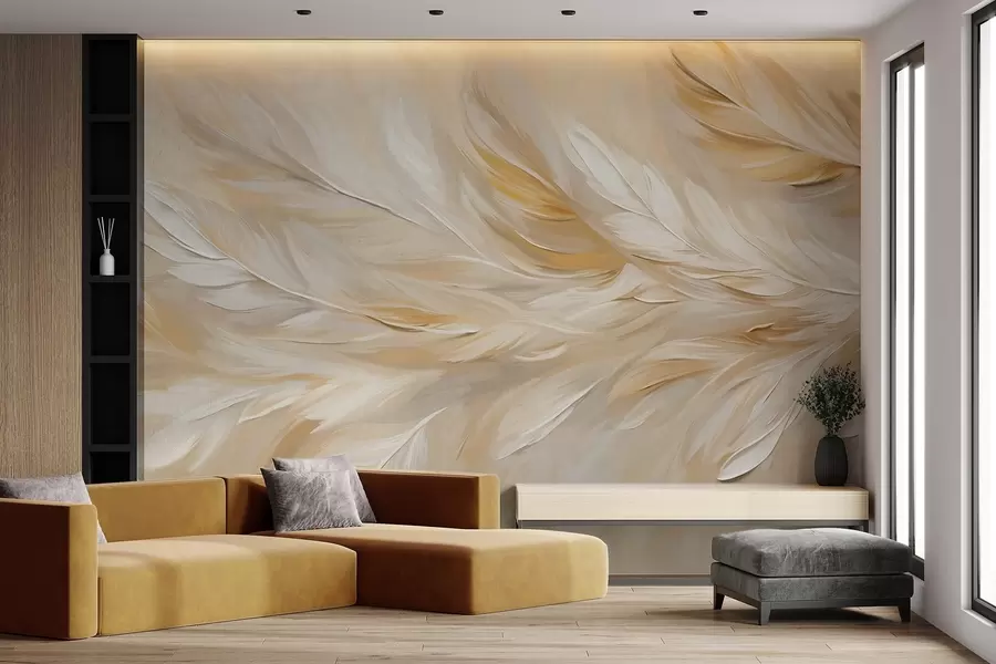 murales de pared Plumas blancas y beige dispuestas en un estampado fluido, textura suave, paleta de colores cálidos, fondo abstracto w09191