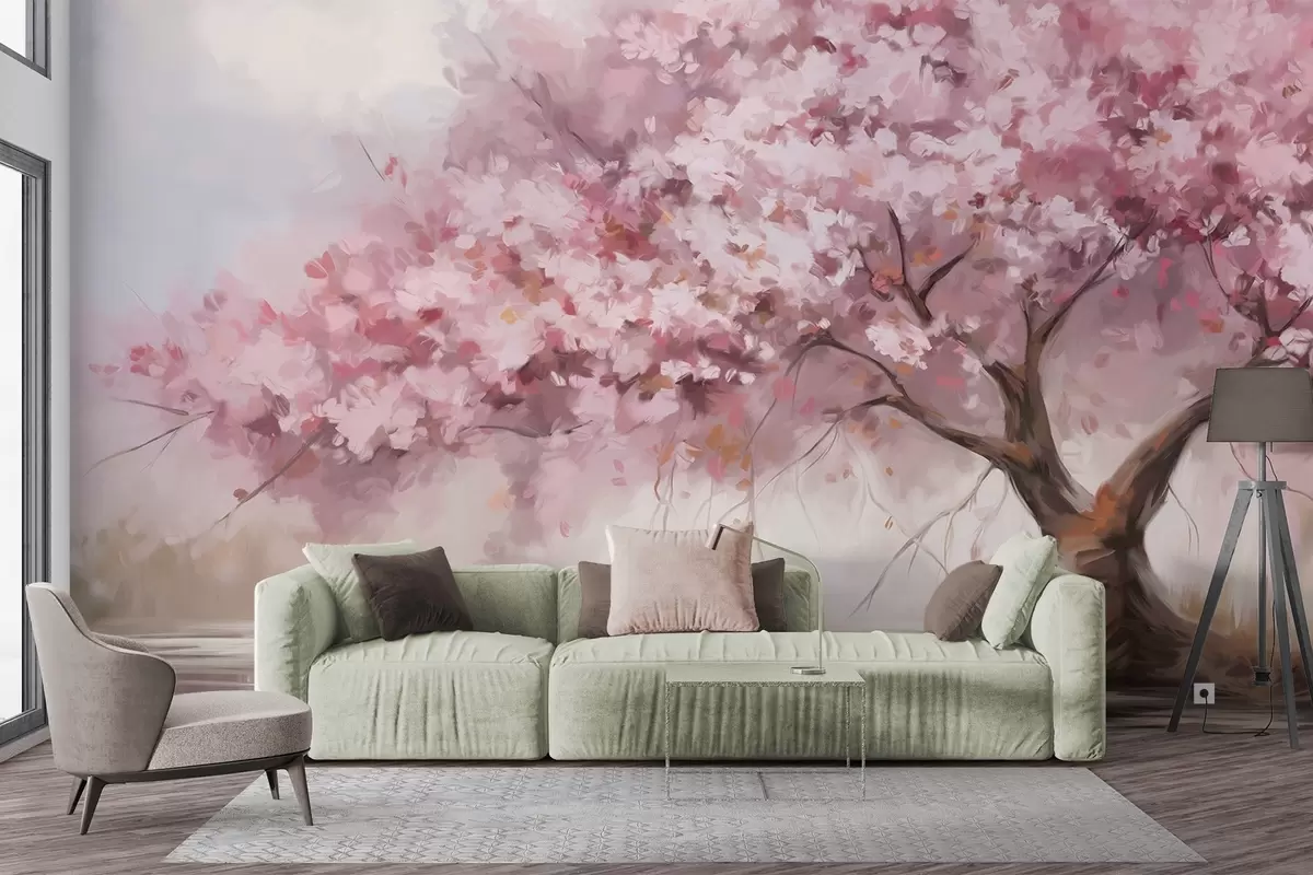 murales de pared Abstracto árbol en flor rosa en plena floración, junto a un río, pinceladas de textura suave y colores pastel w09193