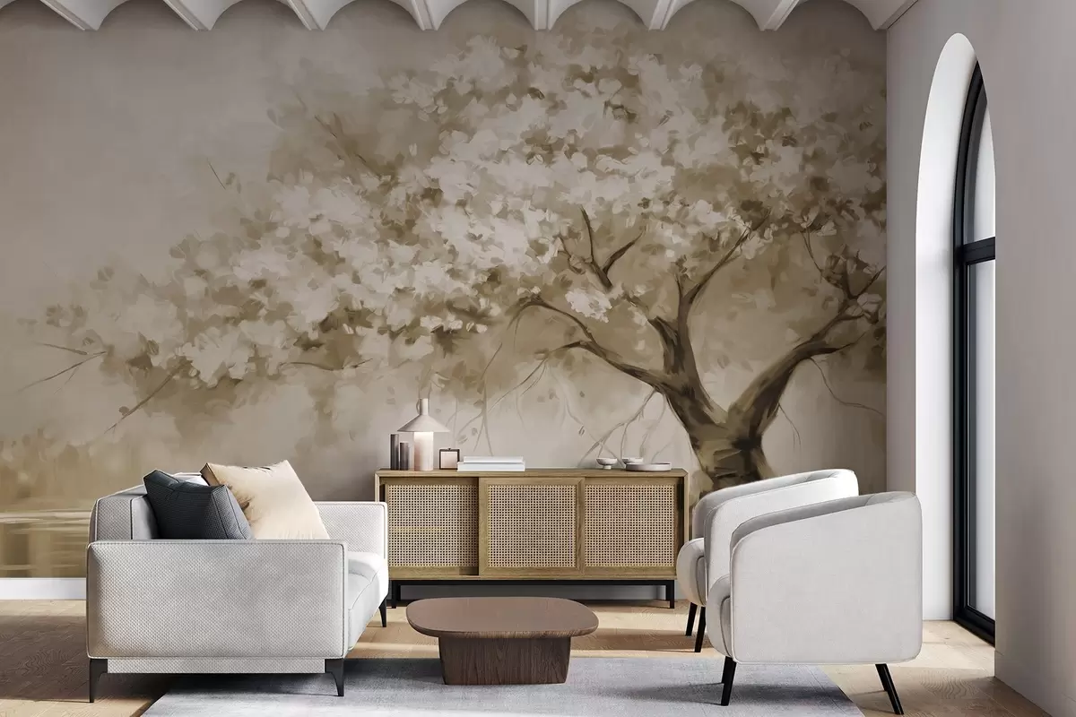 murales de pared Árbol abstracto de flores beige en plena floración, junto a un río, pinceladas de textura suave y colores pastel w09193v1