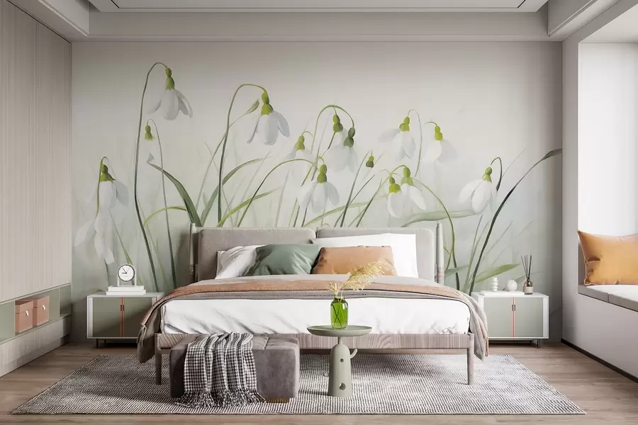 murales de pared Flores de campanillas de invierno con tallos y hojas de textura verde, estilo acuarela primaveral, pinceladas delicadas w09195