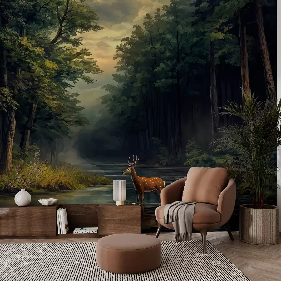 murales de pared Bosque con ciervos y río al estilo del óleo holandés w04072