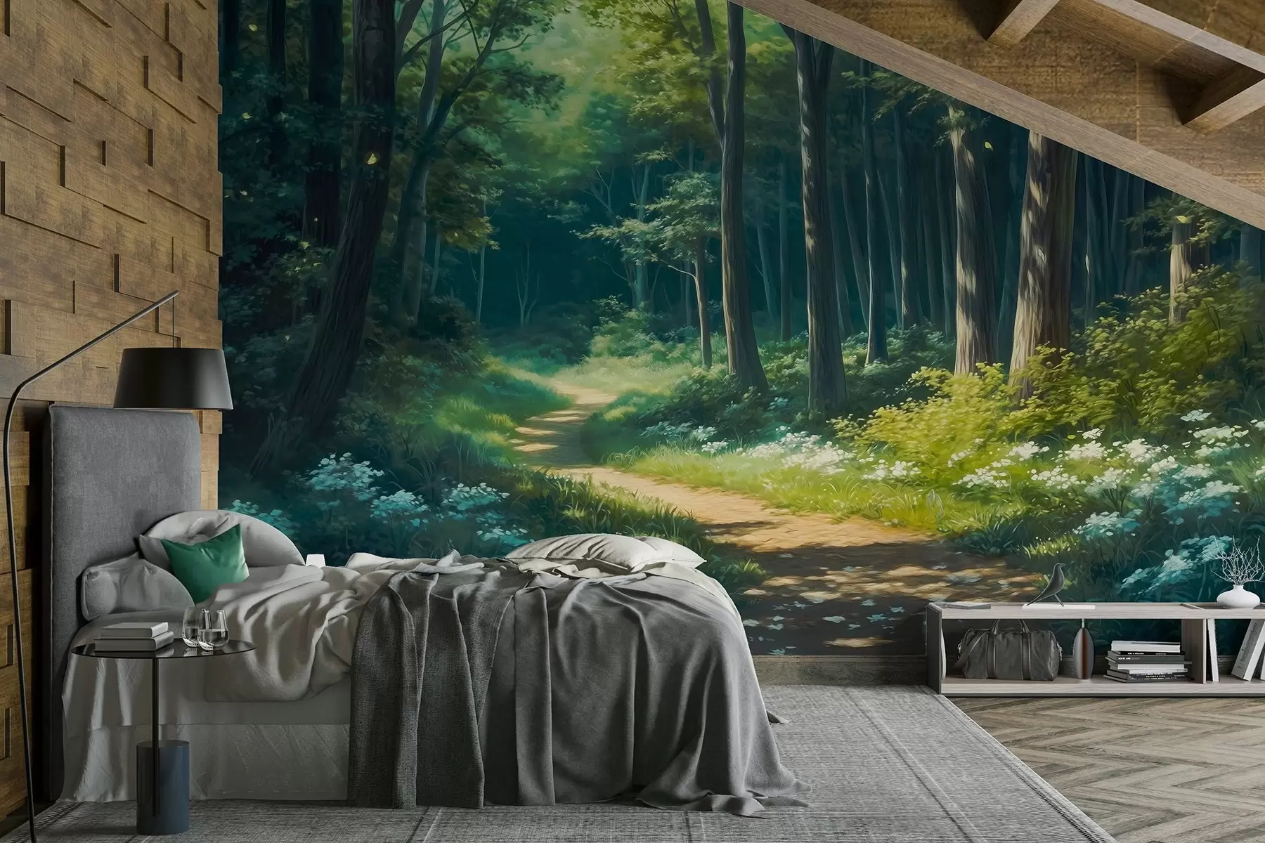 murales de pared Bosque verde con suave luz solar, árboles y flores blancas, dibujo al óleo w04118
