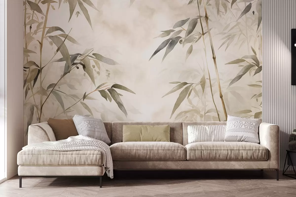 murales de pared Ramas con textura de bambú y hojas en estilo acuarela, suave paleta de colores neutros, fondo beige claro w09204