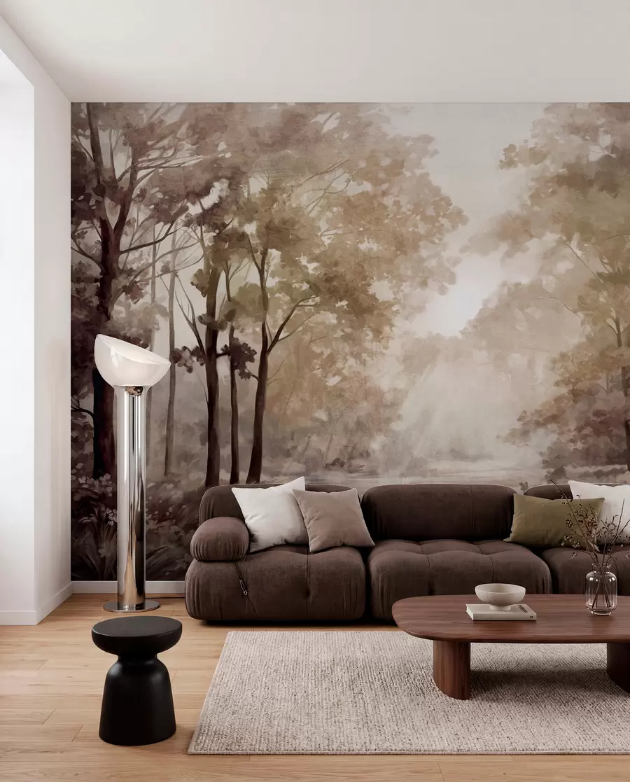 murales de pared Paisaje forestal texturizado, árboles con hojas beige y marrones, paleta de colores pastel w09210