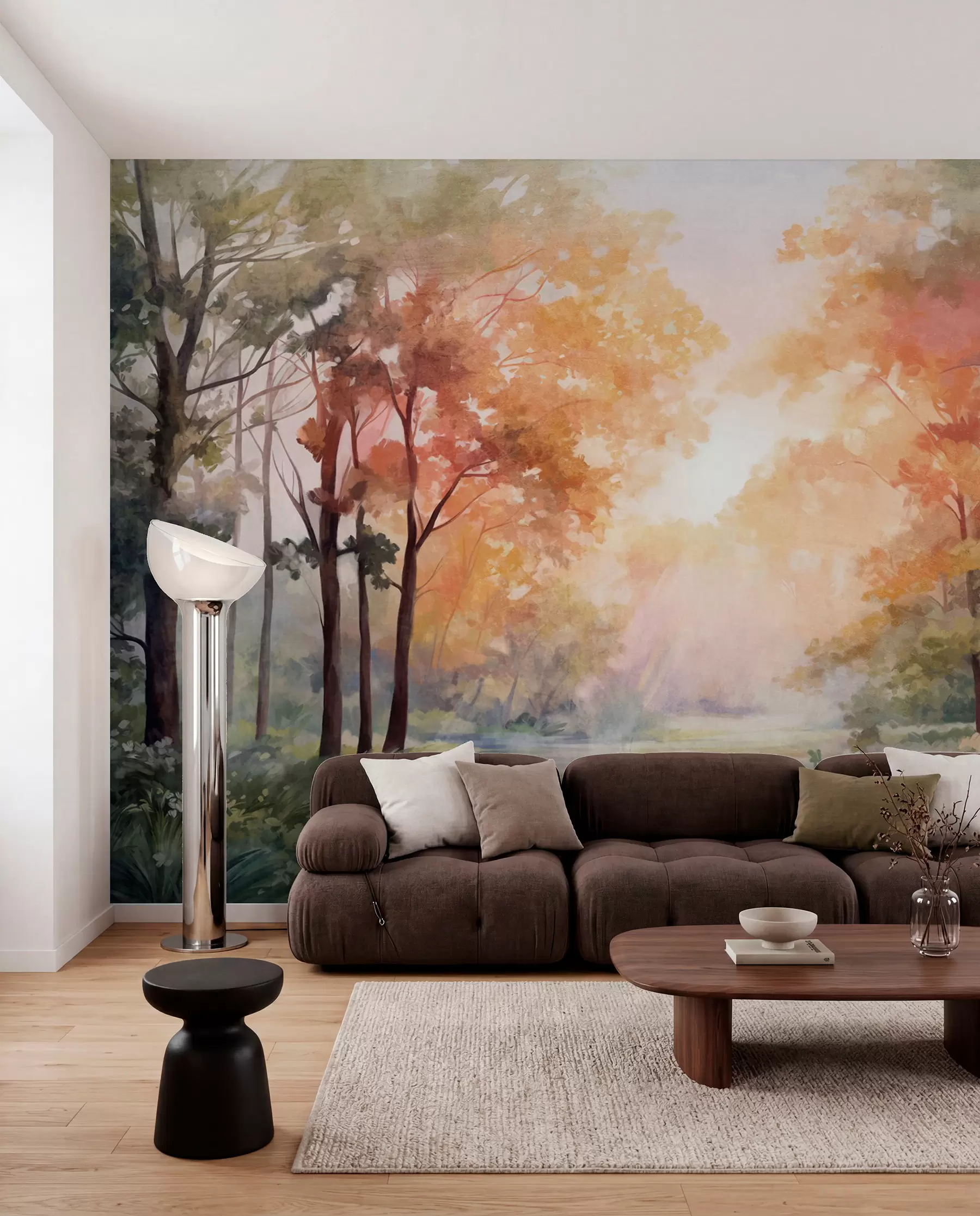 murales de pared Paisaje forestal texturizado, árboles con hojas naranjas y verdes, paleta de colores pastel w09210v1