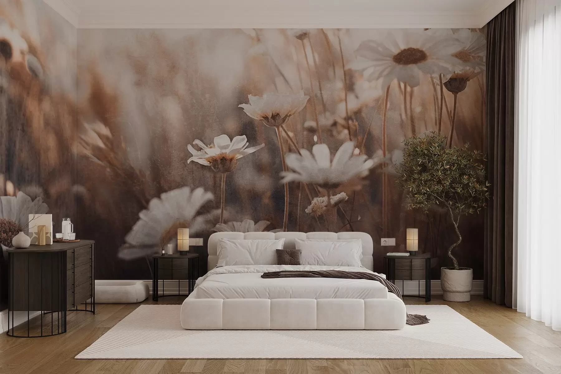 murales de pared Campo texturizado de margaritas blancas y flores silvestres en paleta de colores cálidos con fondo difuminado w09214