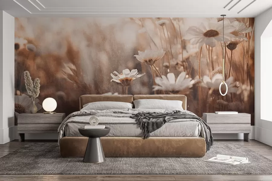 murales de pared Campo texturizado de margaritas blancas y flores silvestres en paleta de colores cálidos con fondo difuminado w09214