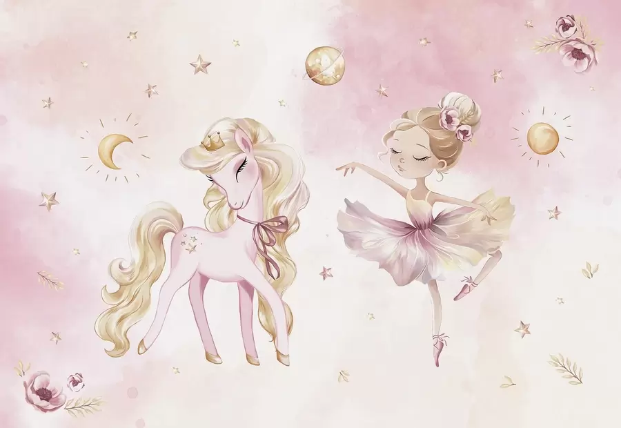 murales de pared Unicornio y bailarina en un cuento de hadas rosa, cuento infantil w04196