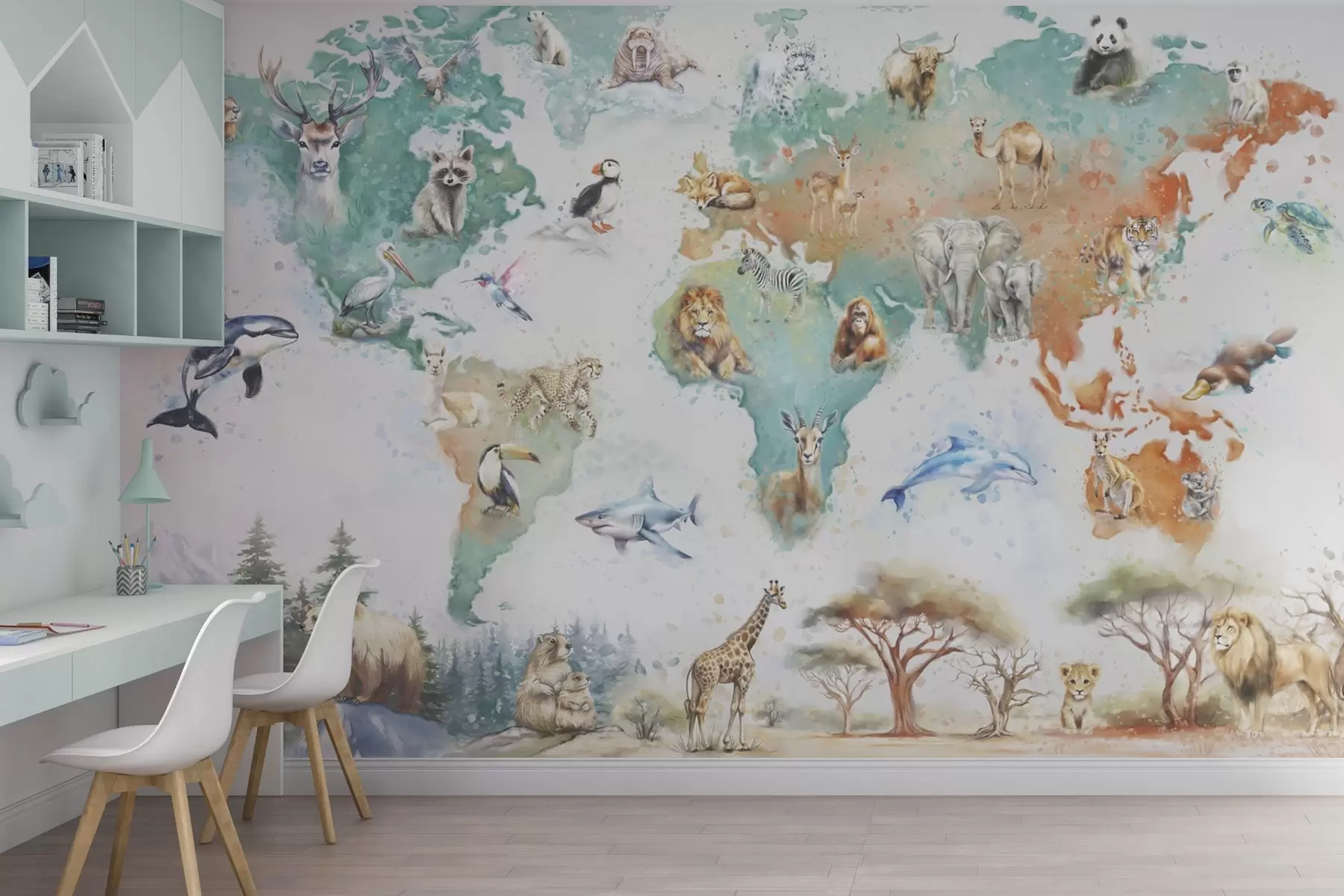 murales de pared Mapamundi con animales, estilo de ilustración educativa infantil w04148