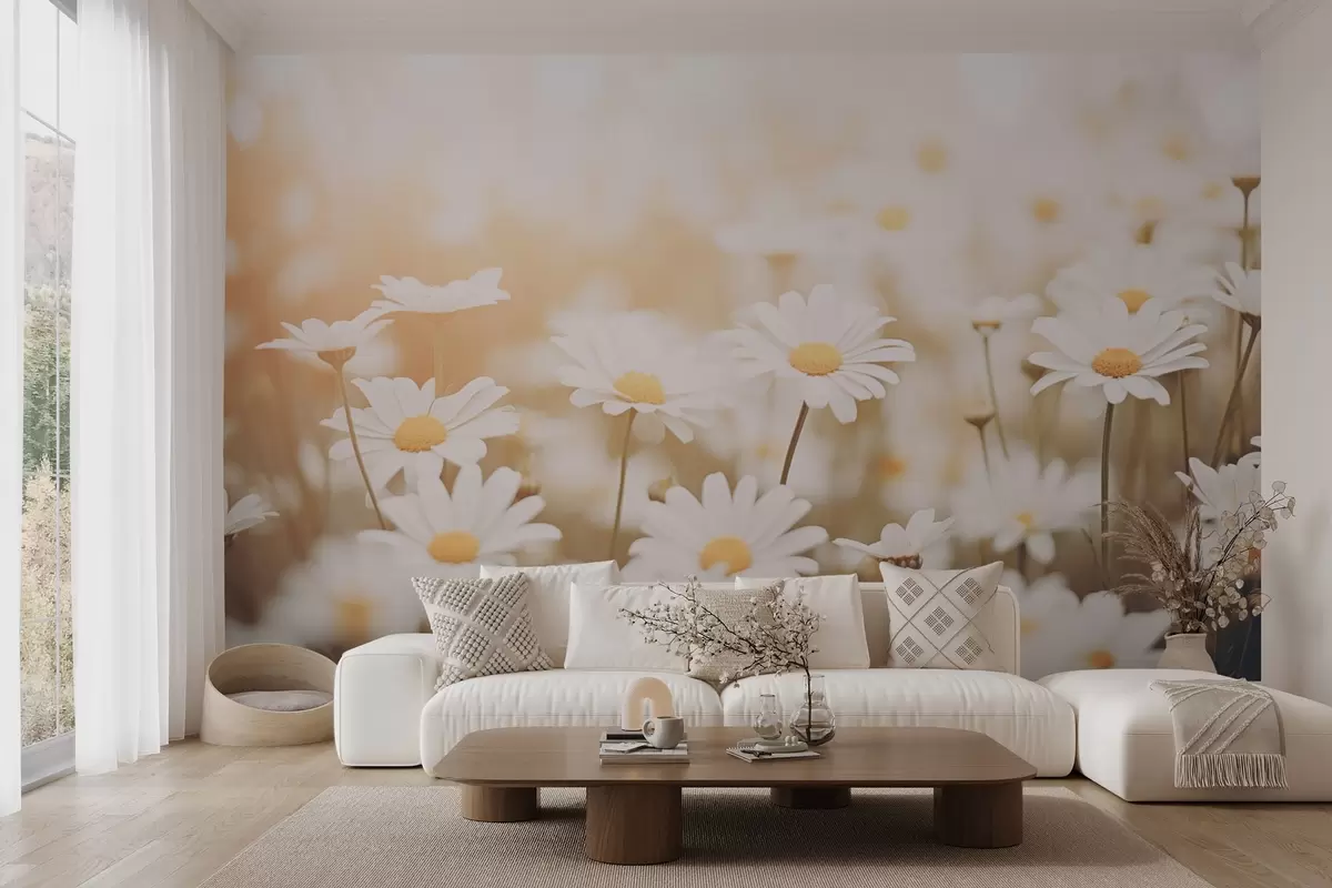 murales de pared Margaritas silvestres sobre fondo claro con efecto de enfoque suave w04161