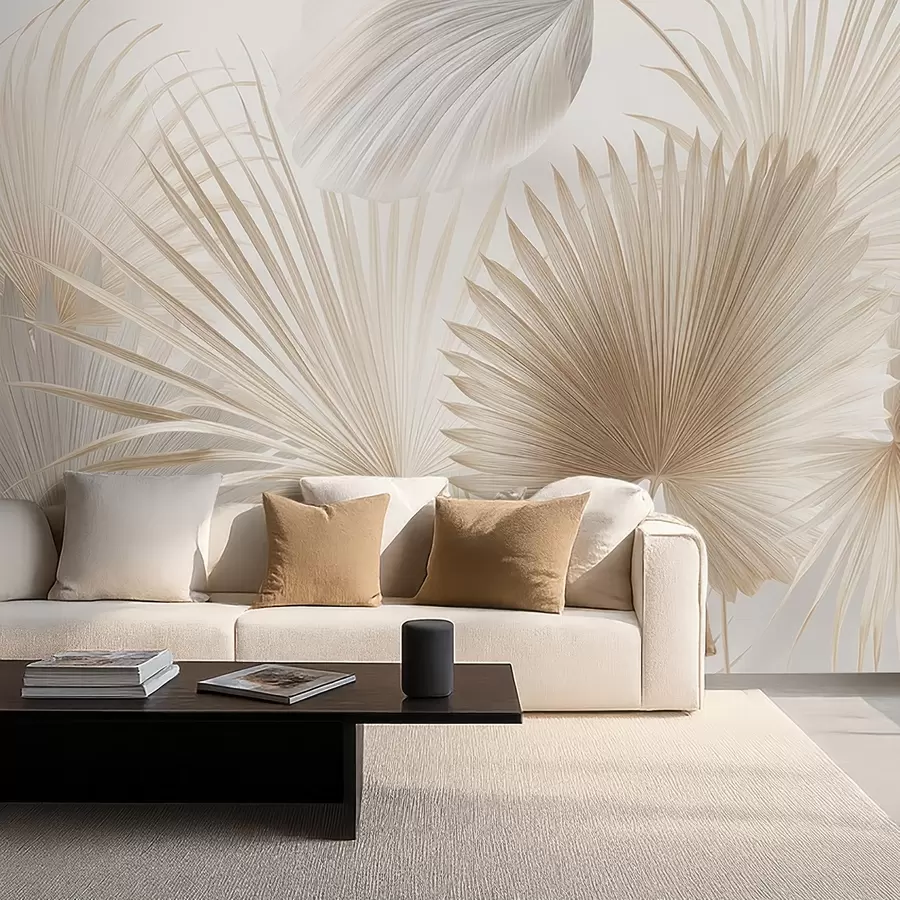 murales de pared Suaves abanicos de hojas tropicales en tonos beige claro y azulados w09084