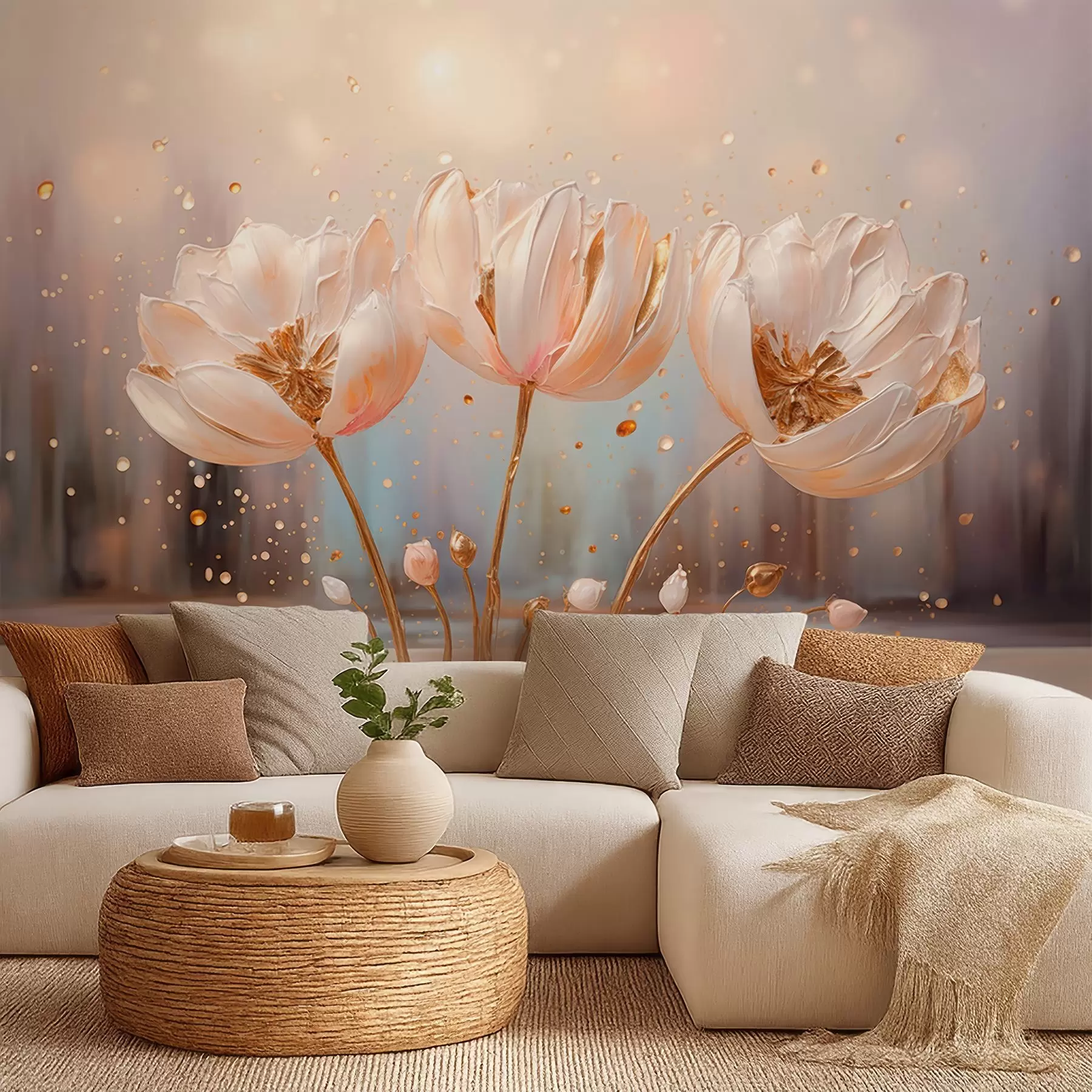 murales de pared Delicadas flores voluminosas al amanecer w09148