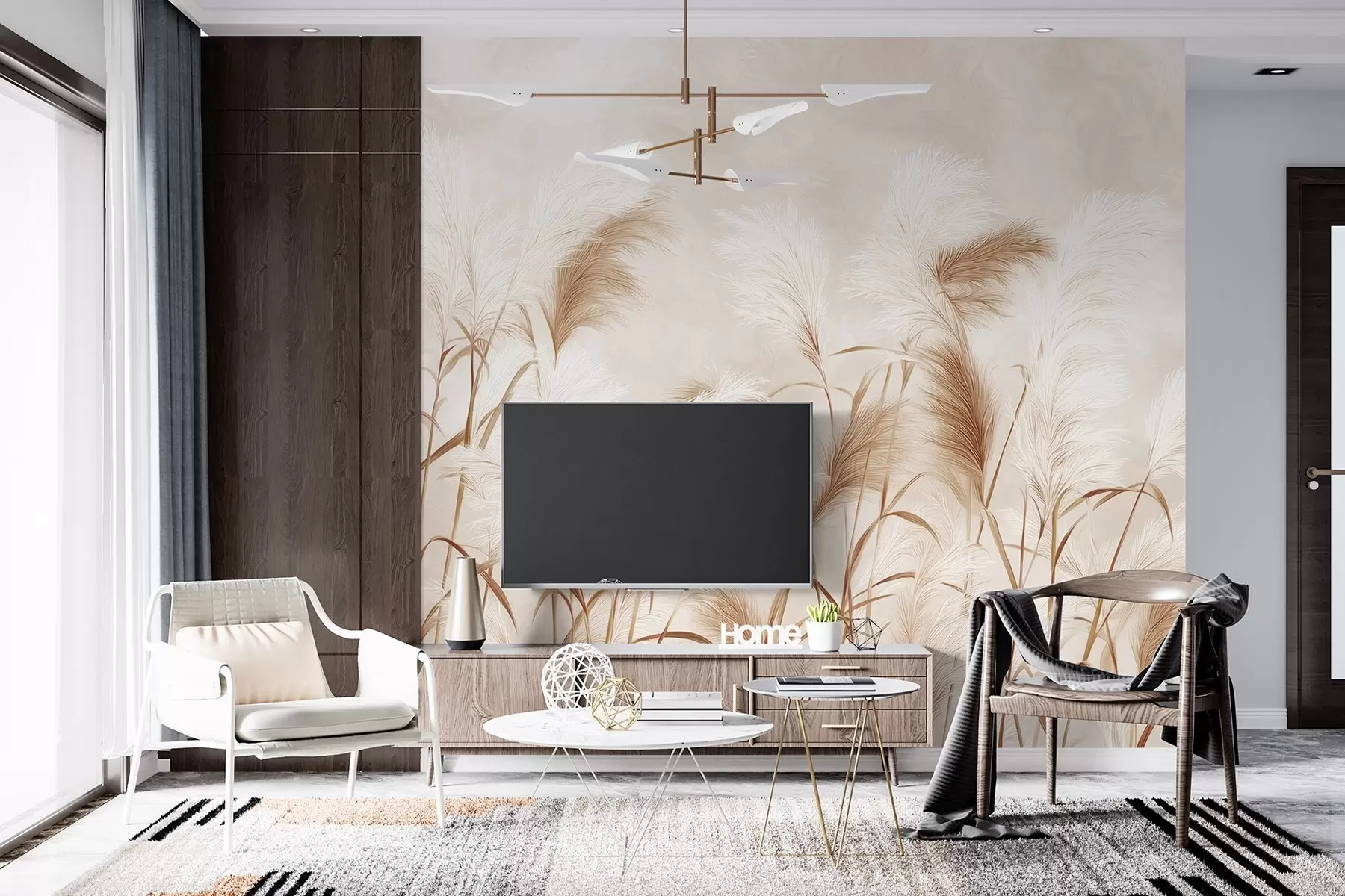 murales de pared Elegantes flores de hierba de la pampa en suaves tonos beige y lechosos w09150v1