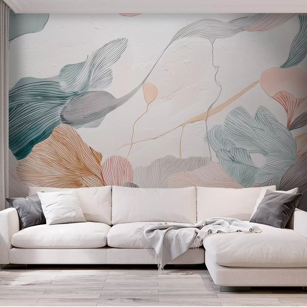 murales de pared Hojas gráficas abstractas en cálidos tonos pastel w09222