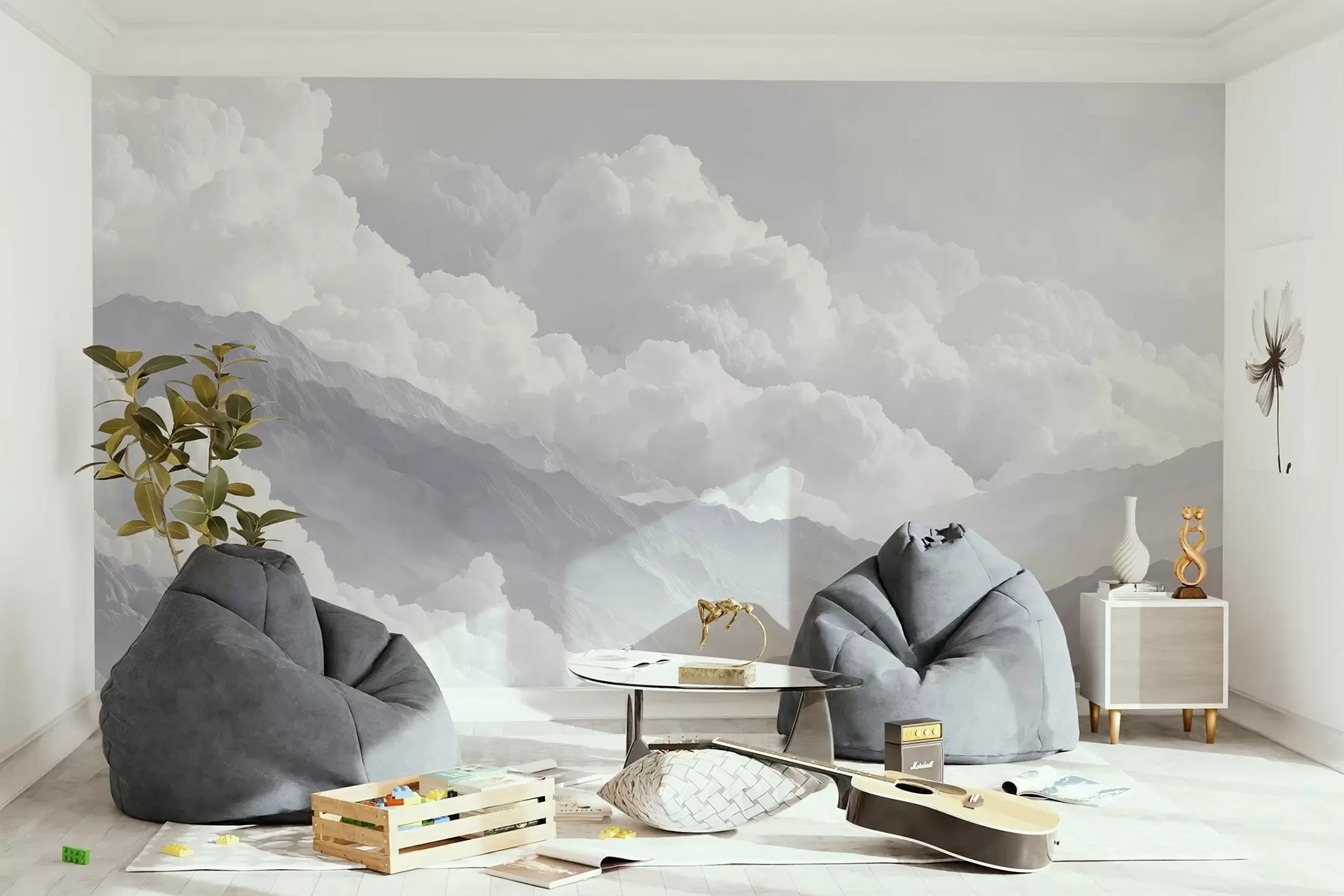 murales de pared Suaves nubes sobre montañas en tonos azules w09226v2