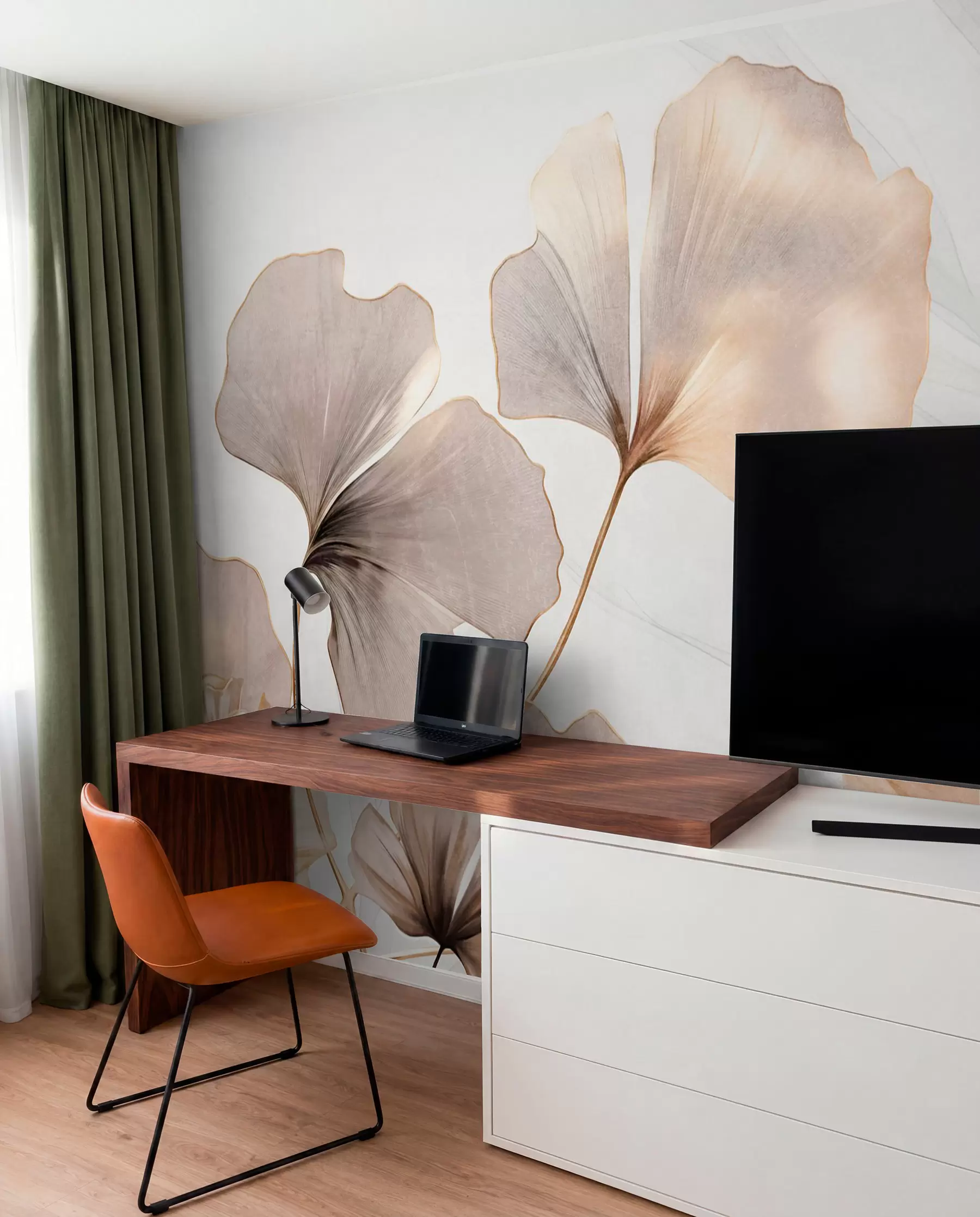 murales de pared Hojas de Ginkgo biloba en tonos beige, amarillo y marrón, delicado efecto de acuarela texturizada, fondo claro w09215