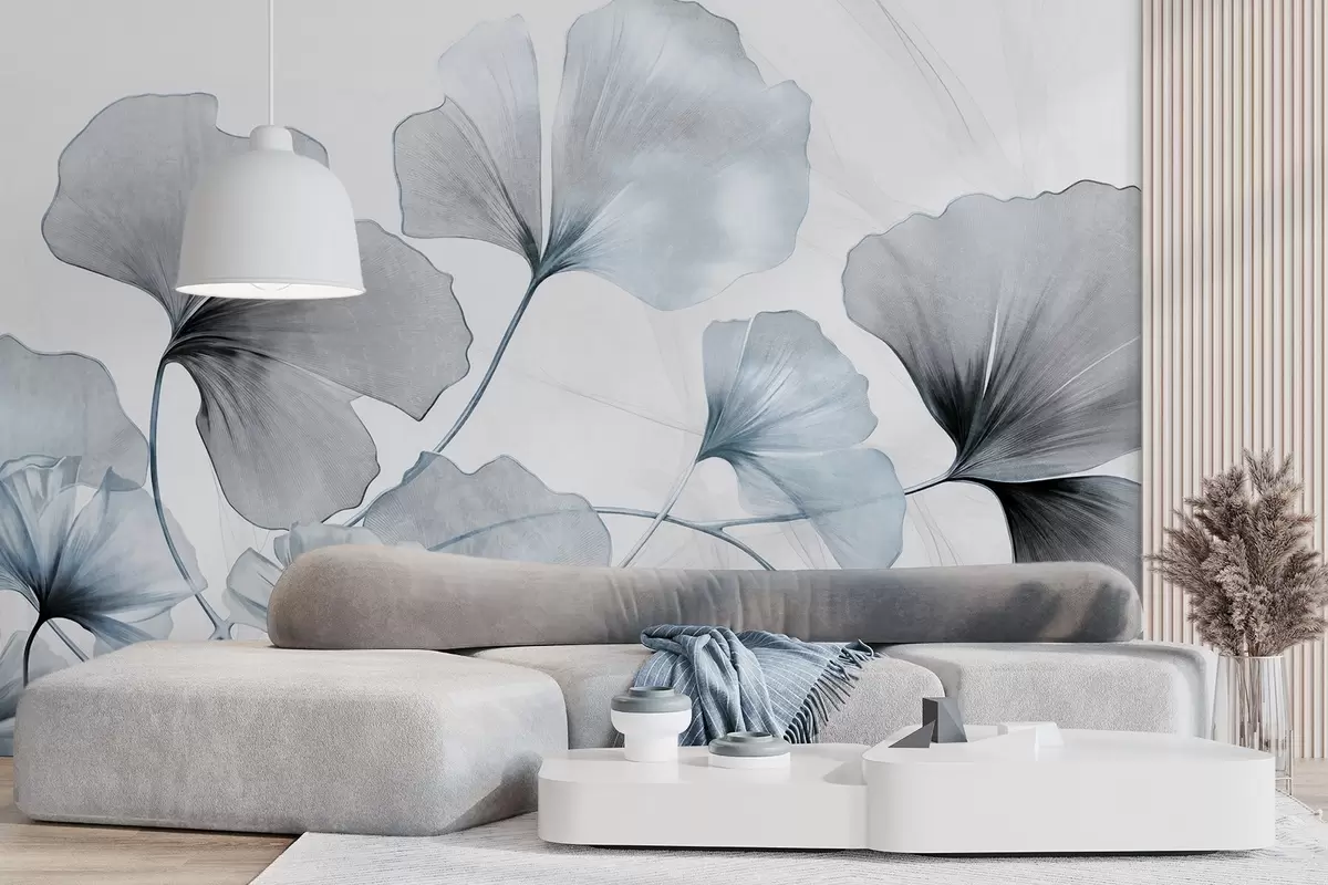 murales de pared Hojas de Ginkgo biloba en tonos azules y grises apagados, delicado efecto de acuarela texturizada, fondo claro w09215v1