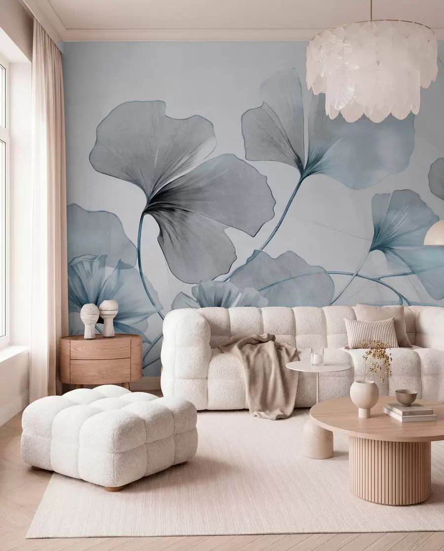 murales de pared Hojas de Ginkgo biloba en tonos azules y grises apagados, delicado efecto de acuarela texturizada, fondo claro w09215v1