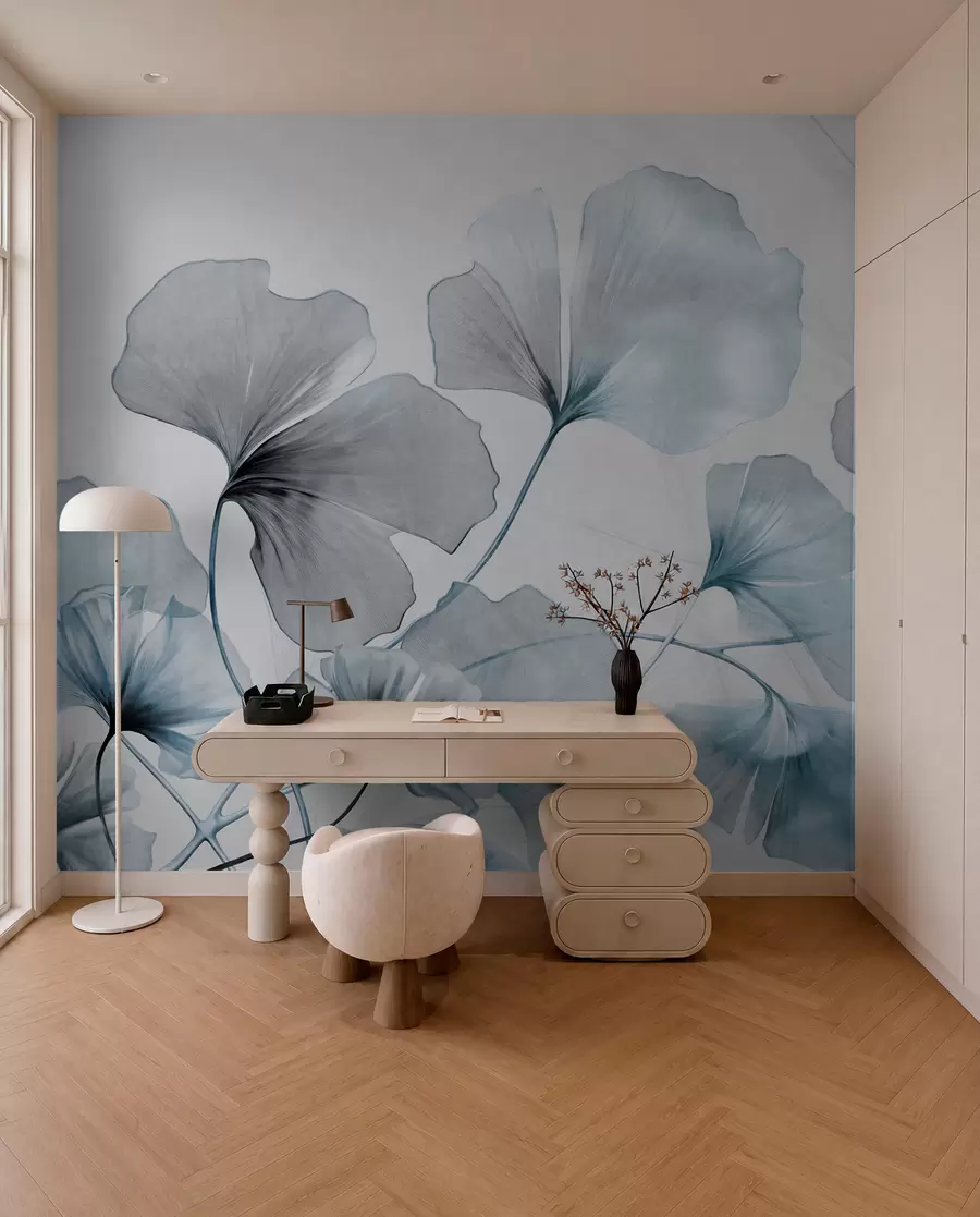 murales de pared Hojas de Ginkgo biloba en tonos azules y grises apagados, delicado efecto de acuarela texturizada, fondo claro w09215v1