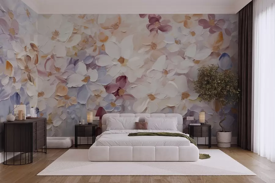 murales de pared Pintura al óleo imitación de un jardín de flores con flores blancas, rosas y naranjas, pinceladas suaves, colores pastel apagados w09236