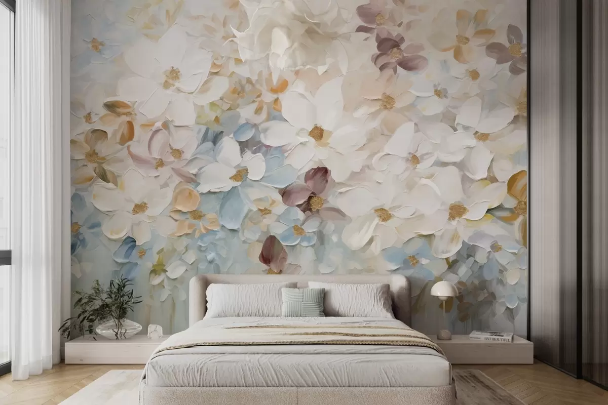 murales de pared Pintura al óleo imitación de un jardín de flores con flores blancas, azules y naranjas, pinceladas suaves, colores pastel apagados w09236v1