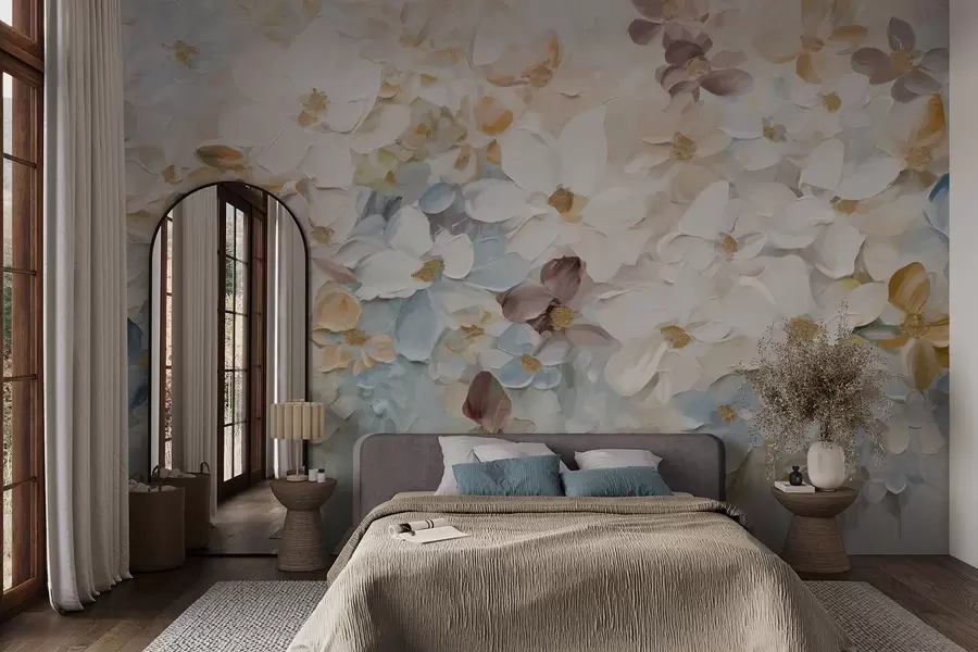 murales de pared Pintura al óleo imitación de un jardín de flores con flores blancas, azules y naranjas, pinceladas suaves, colores pastel apagados w09236v1