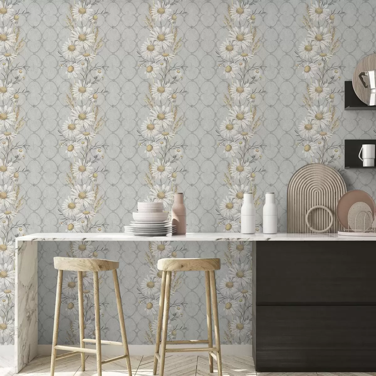 Papel pintado Margaritas sobre fondo gris con motivos geométricos a00269