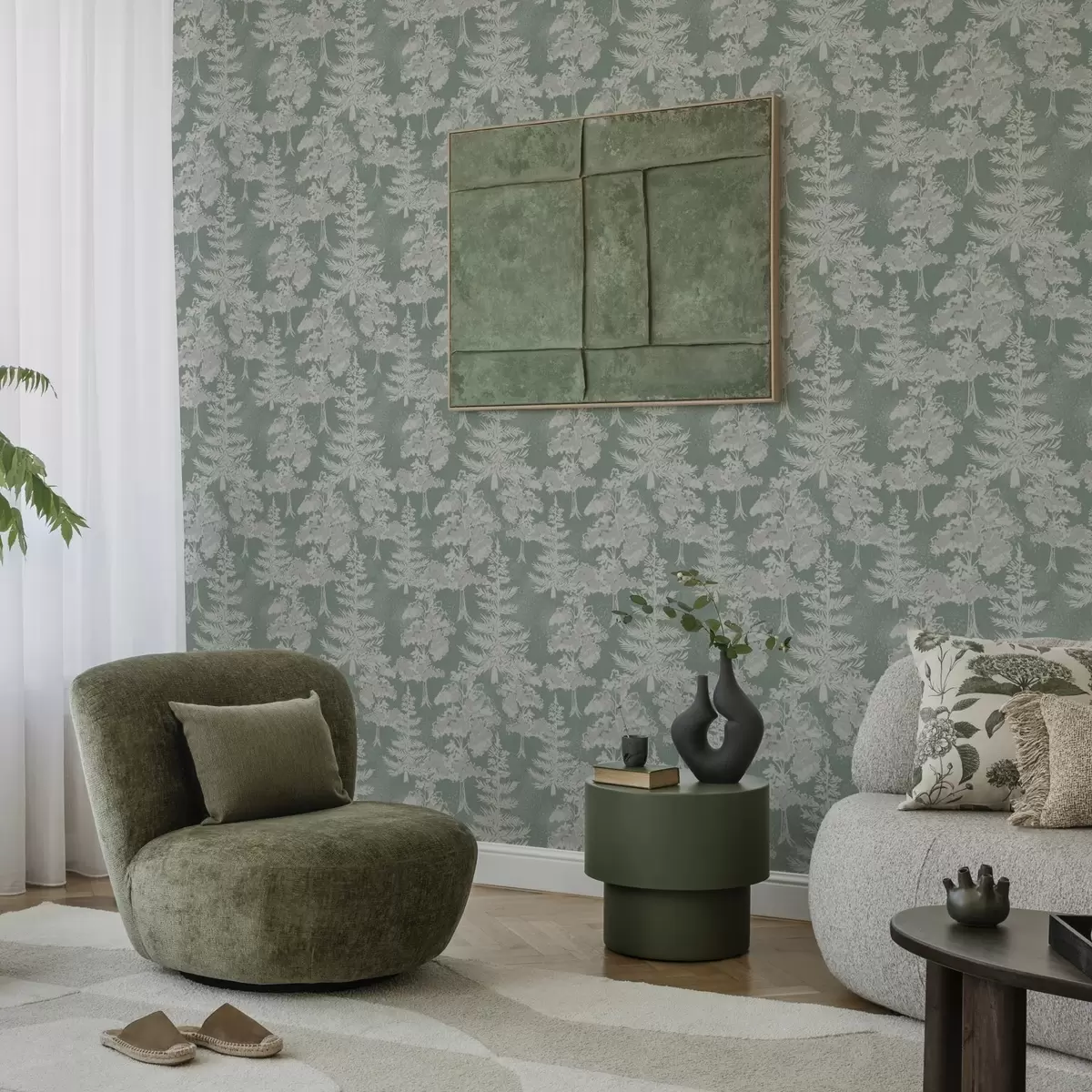 Papel pintado Coníferas en estilo pizarra sobre verde a00280