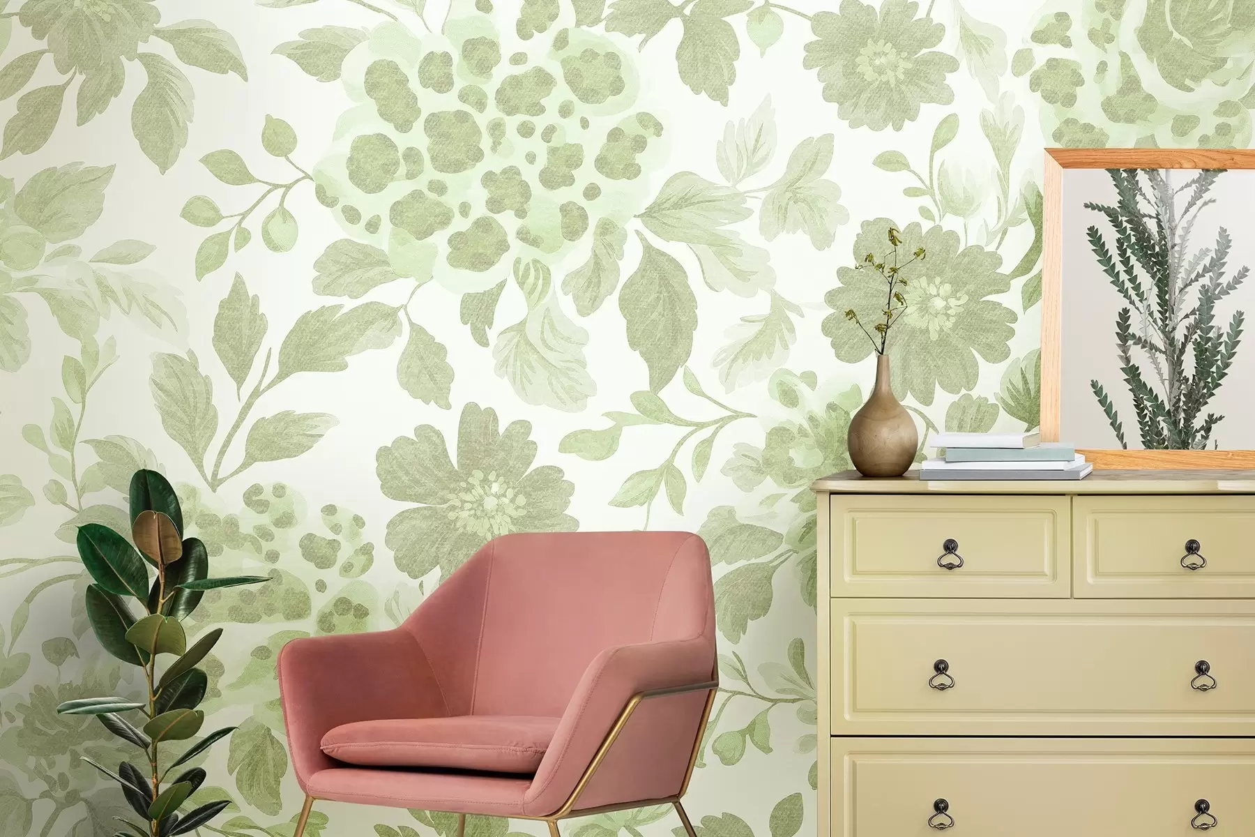 murales de pared Flores estilo boho con estampado de leopardo, color verde w04114v2