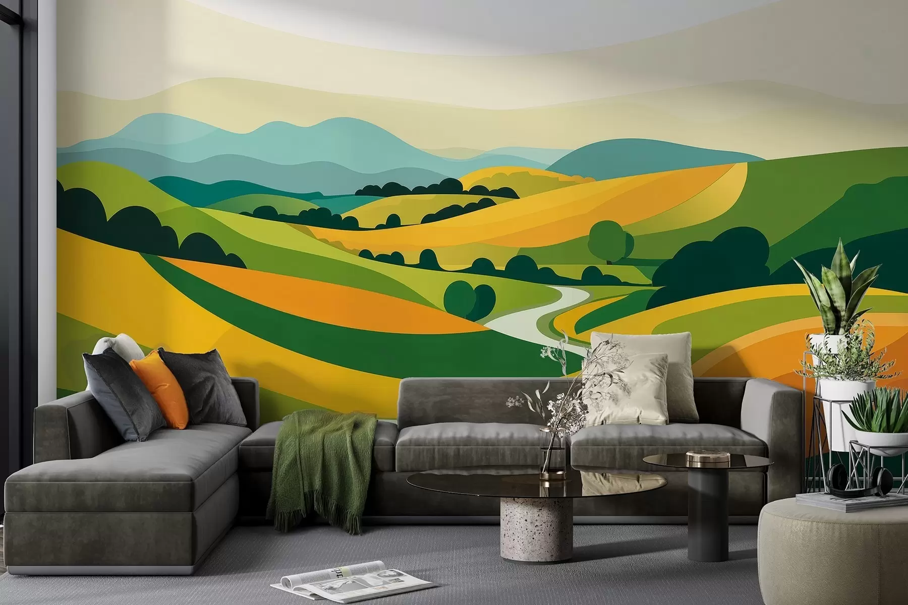 murales de pared Paisaje abstracto con colinas y árboles, colores vivos w04116