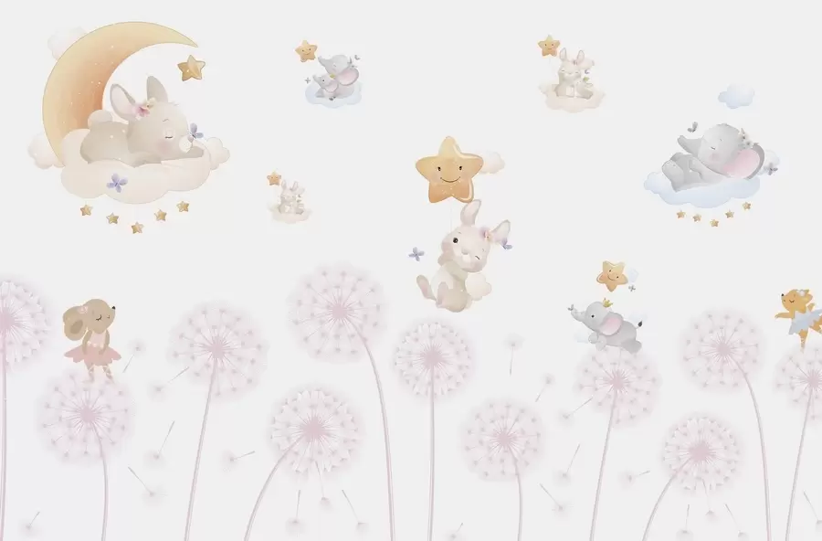 murales de pared Lindo conejo y estrellas entre dientes de león sobre fondo blanco w04195