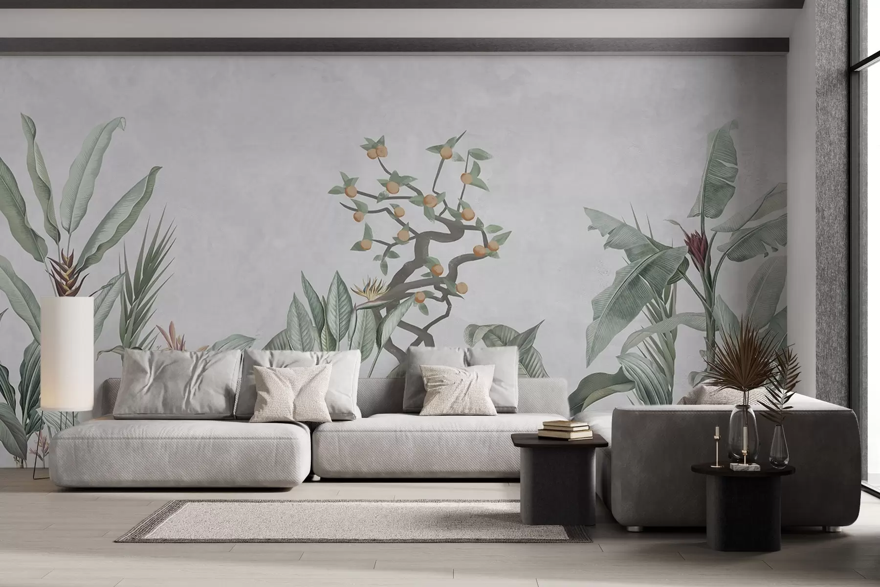 murales de pared Plantas tropicales con naranjo sobre fondo claro w04201
