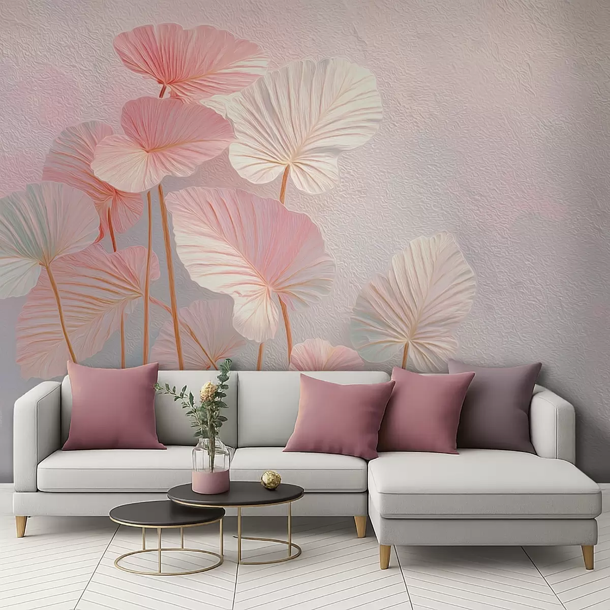 murales de pared Elegantes hojas tropicales grandes en suaves tonos rosas y azules w09252