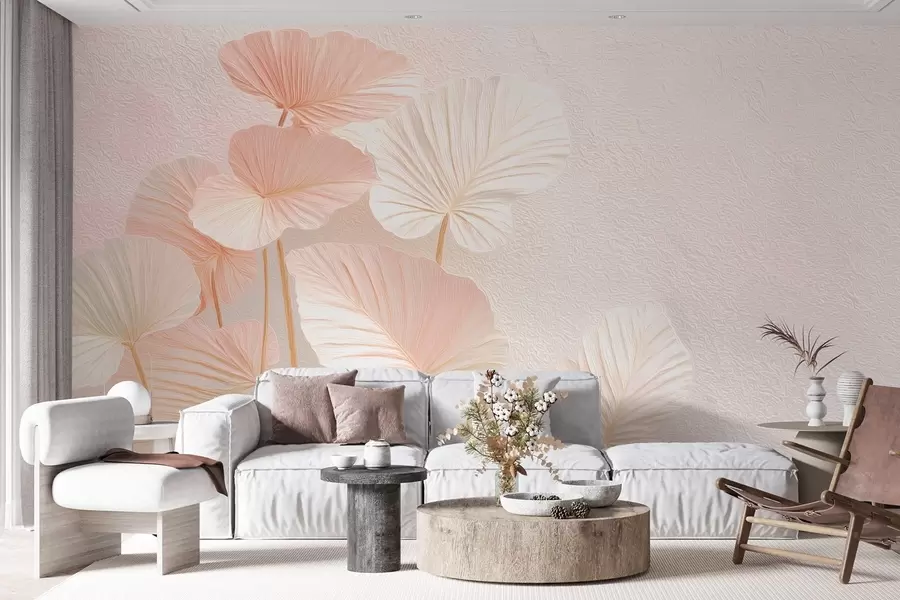 murales de pared Elegantes hojas tropicales grandes de delicado color rosa w09252v1