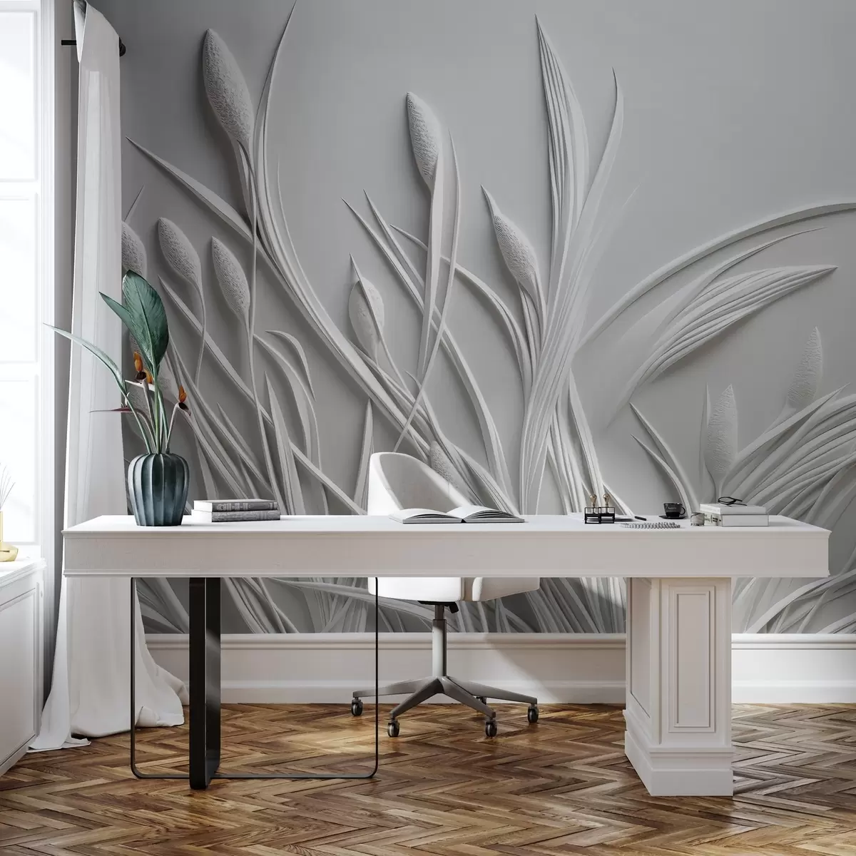 murales de pared Bajorrelieve con delicadas hojas y pámpanos w04247