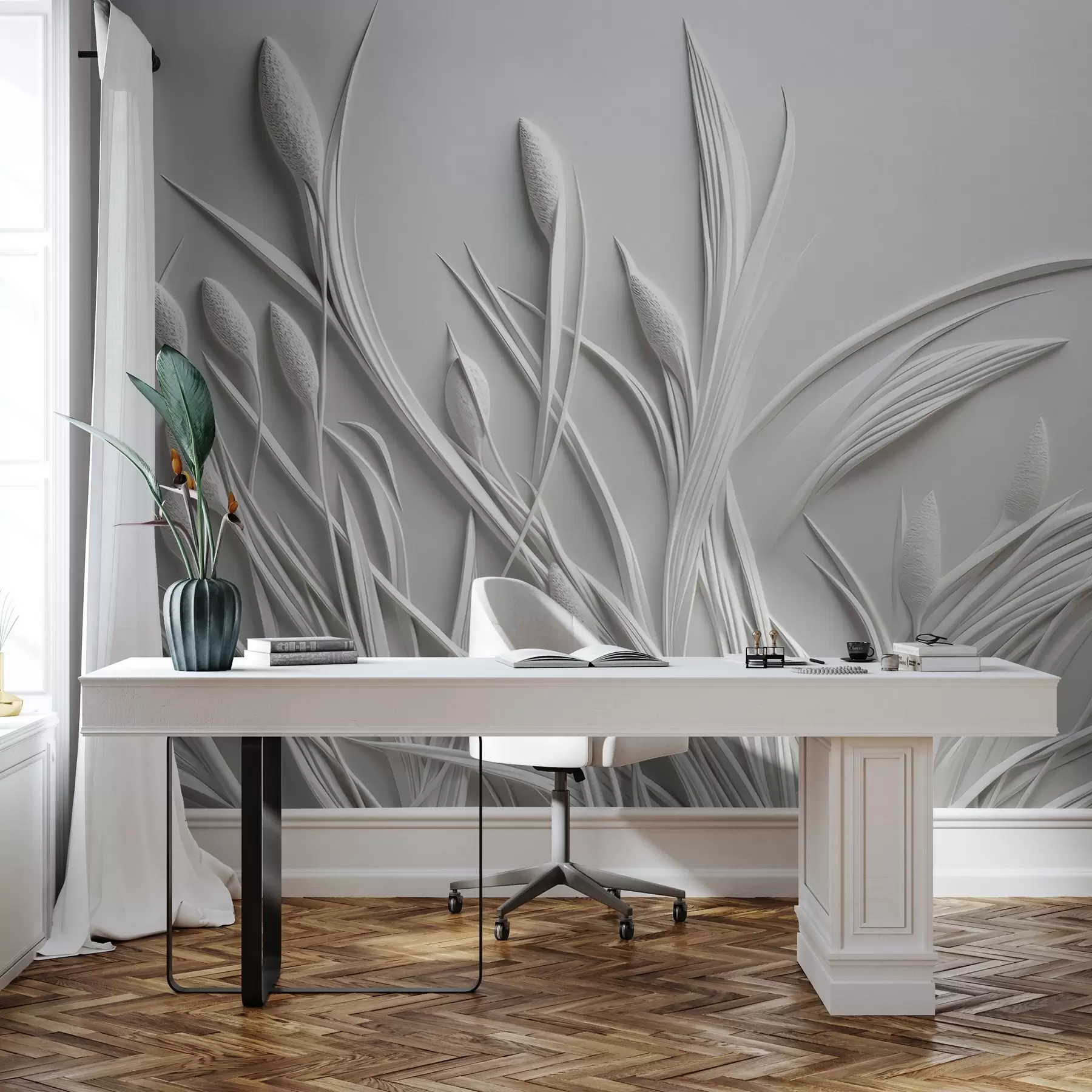 murales de pared Bajorrelieve con delicadas hojas y pámpanos w04247
