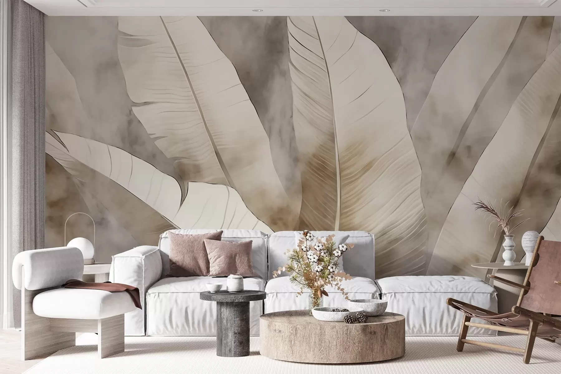 murales de pared Hojas de plátano, efecto papel quemado w04276