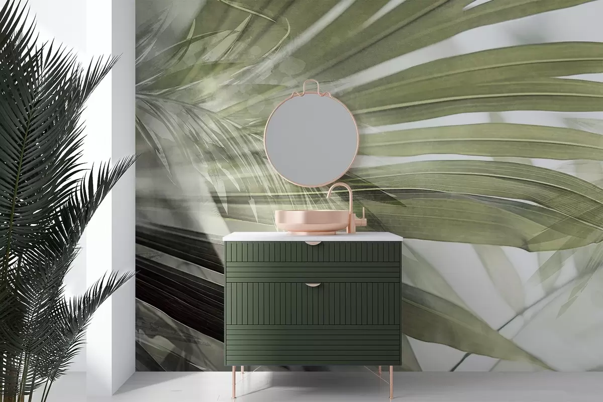 murales de pared Hojas de palmera de un tono verde claro, superpuestas y creando un efecto de capas, sobre un fondo suave y neutro w09256v1