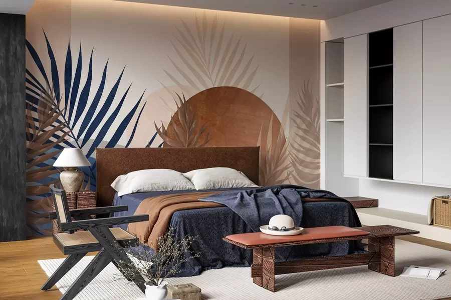 murales de pared Composición abstracta texturizada con hojas tropicales en tonos azules y terrosos, con una gran forma circular w09257