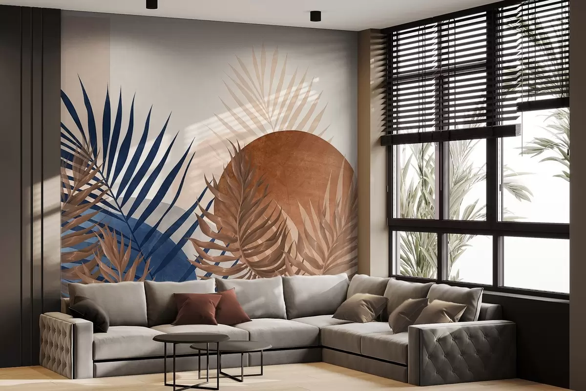 murales de pared Composición abstracta texturizada con hojas tropicales en tonos azules y terrosos, con una gran forma circular w09257