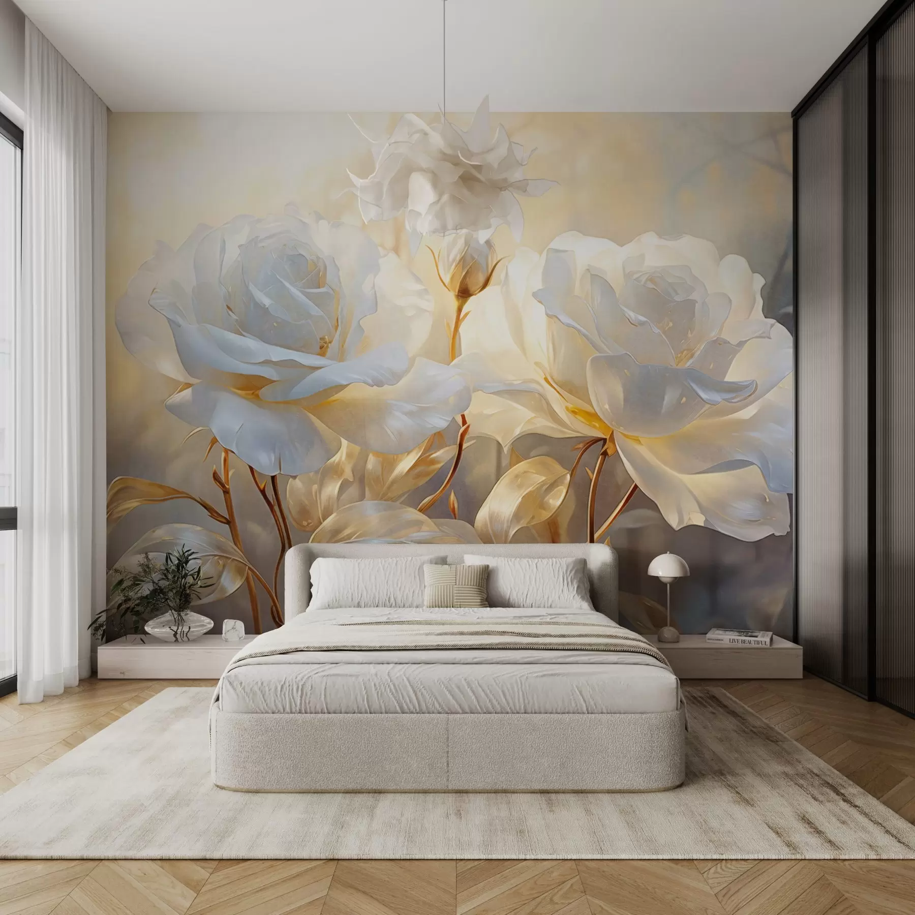 murales de pared Rosas blancas texturizadas con tallos y hojas amarillas, iluminación suave, fondo claro con formas florales difuminadas w09258