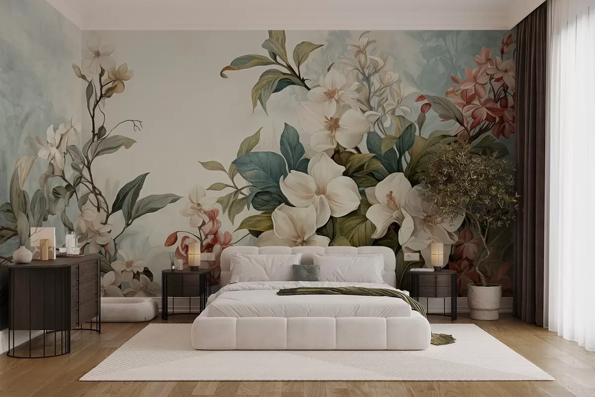 murales de pared Flores y hojas tropicales texturizadas con suaves tonos azules y verdes, delicadas pinceladas, estilo botánico vintage w09259